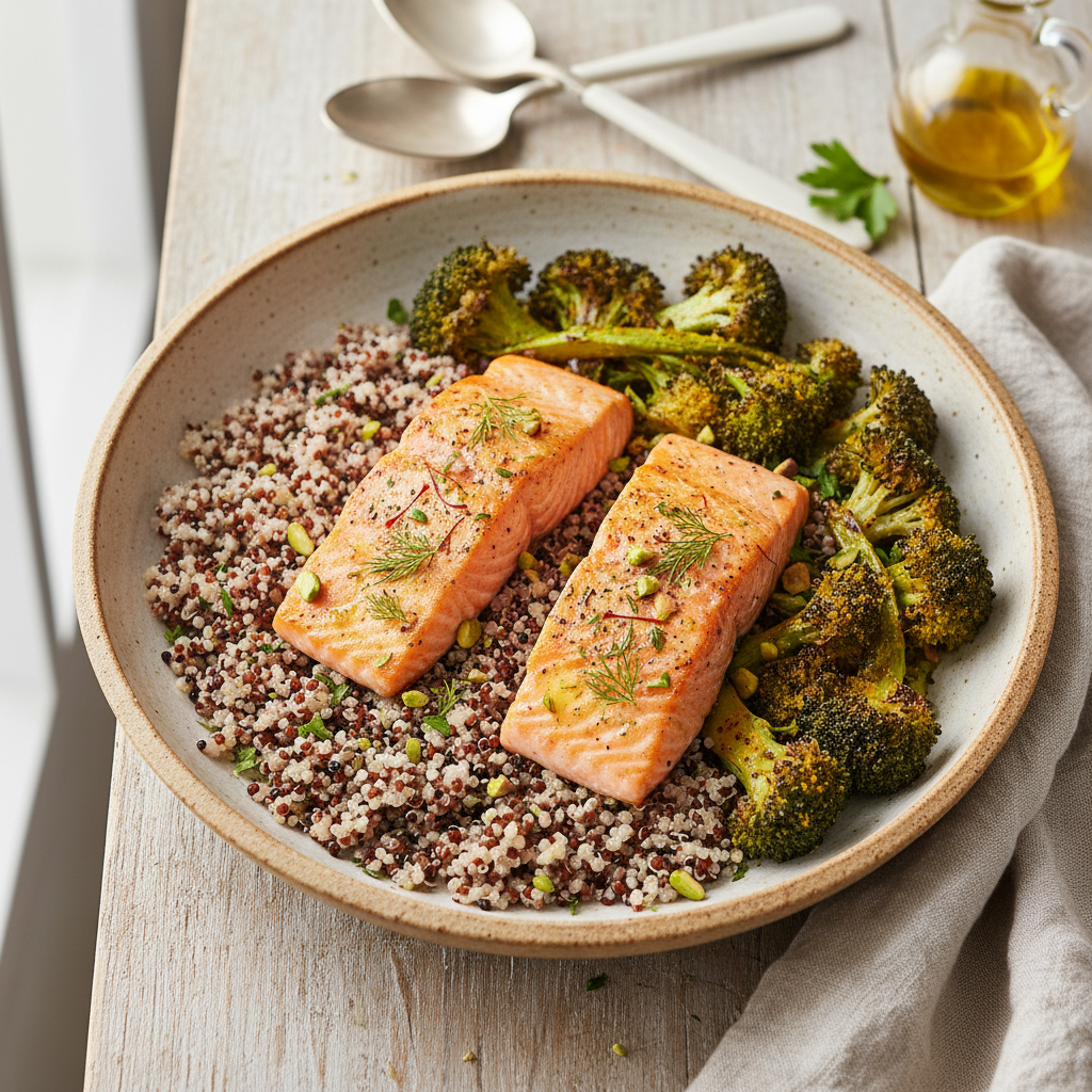 Saffron-Infused Salmon with Turmeric Roasted Broccoli & Quinoa