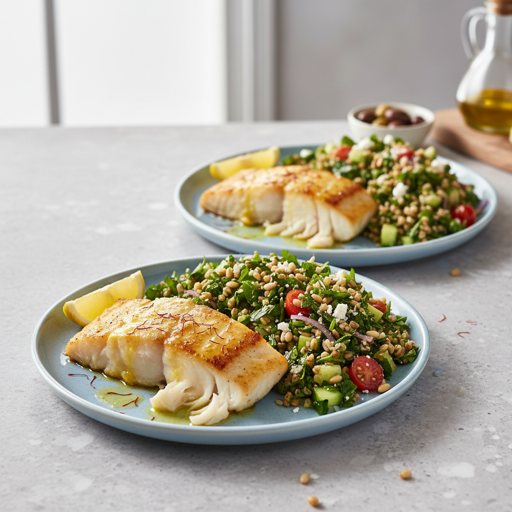 Saffron-Kissed Cod with Zesty Freekeh Tabbouleh