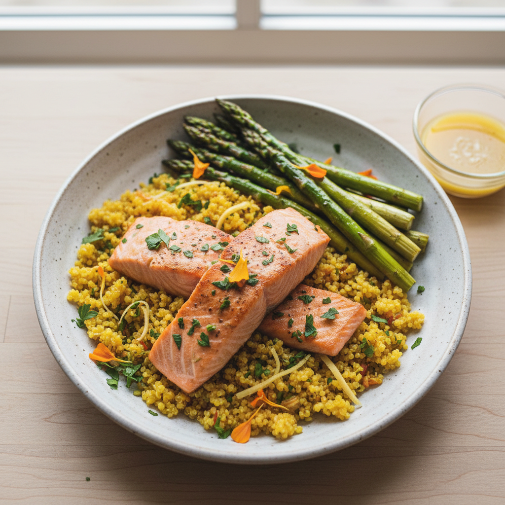 Salmon with Turmeric-Ginger Quinoa and Roasted Asparagus