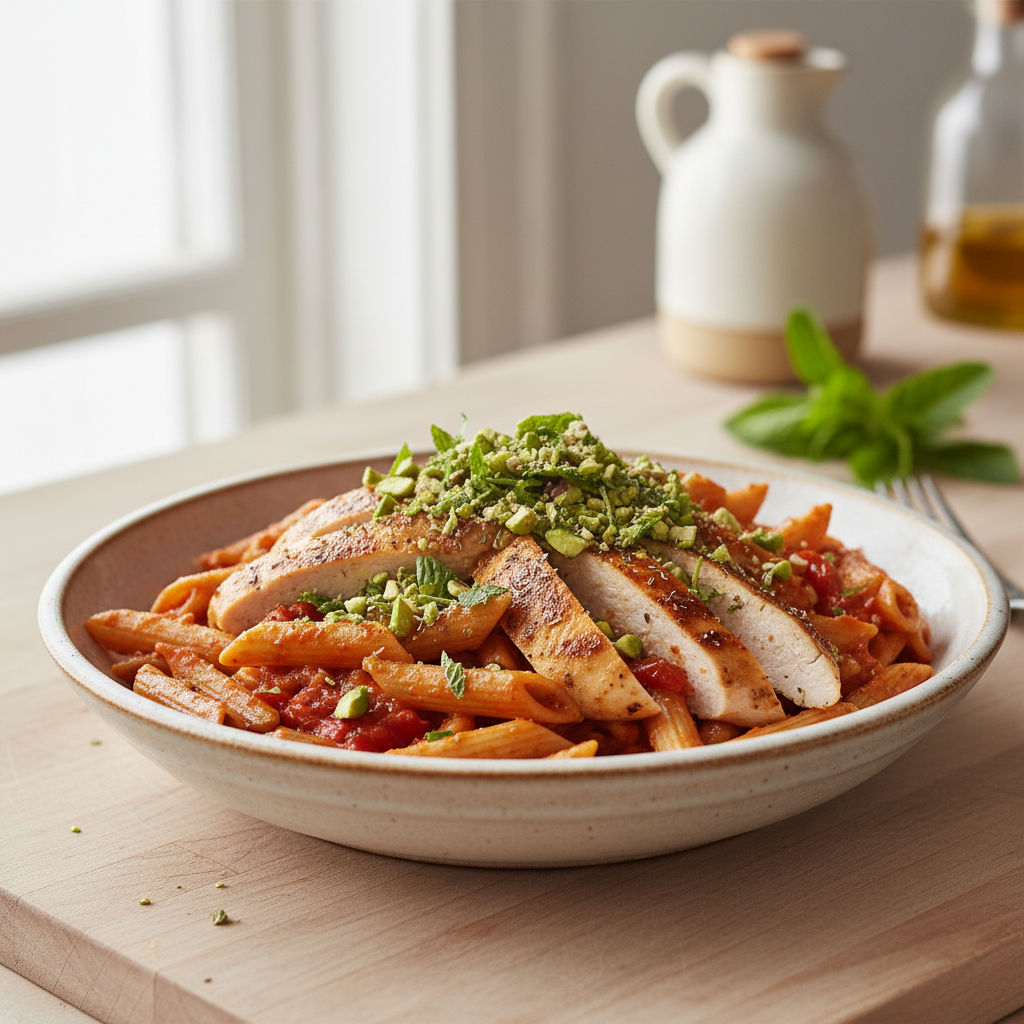 Scarlet Hearth Penne with Marjoram Chicken & Pistachio-Mint Gremolata