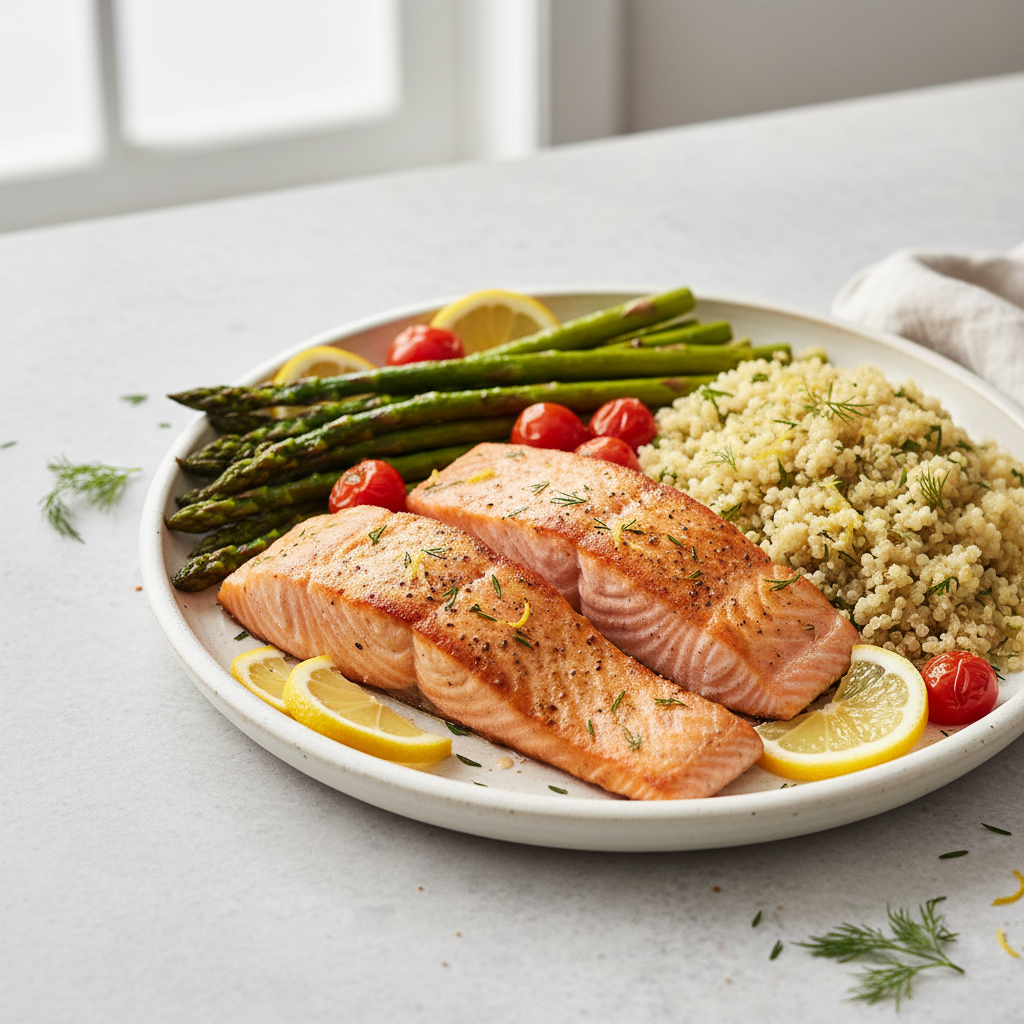 Seared Salmon with Charred Asparagus and Lemon-Dill Quinoa