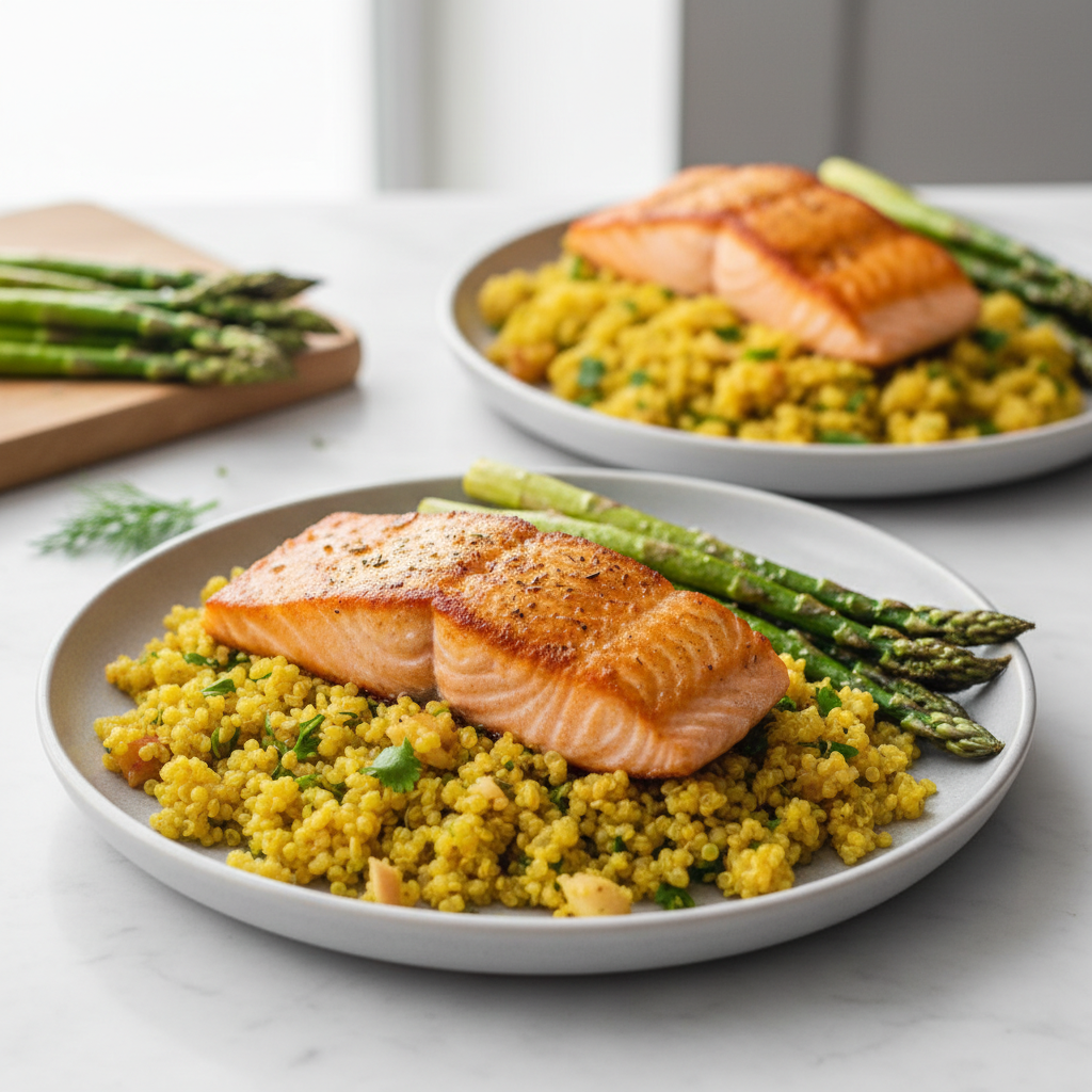 Seared Salmon with Turmeric-Ginger Quinoa and Roasted Asparagus