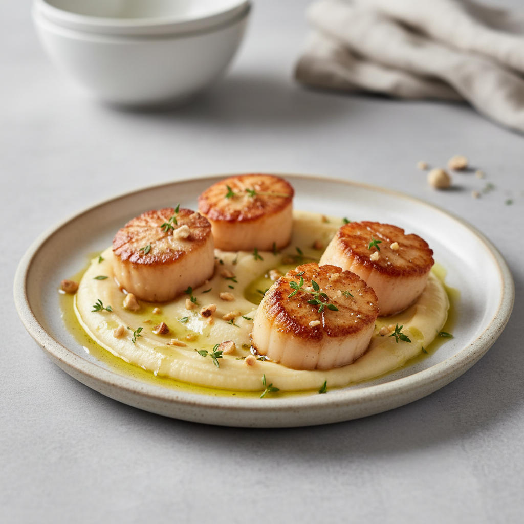 Seared Scallops with Creamy Parsnip & Hazelnut Puree