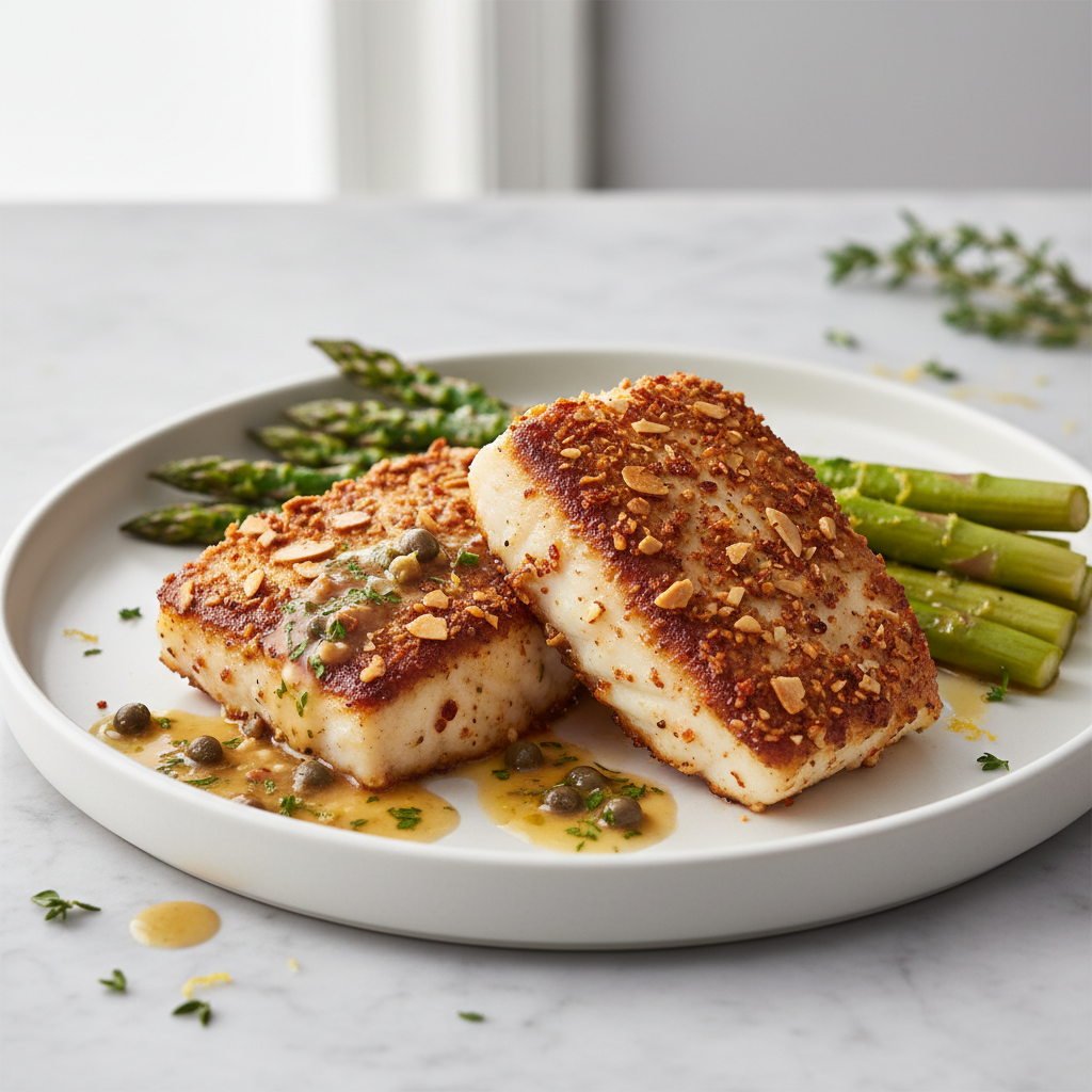 Smoked Paprika & Almond Crusted Halibut with Lemon-Garlic Asparagus and Brown Butter Caper Sauce