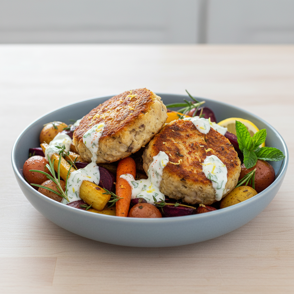 Smoked Paprika & White Bean Patties with Herb Roasted Roots & Lemon-Mint Yogurt Drizzle