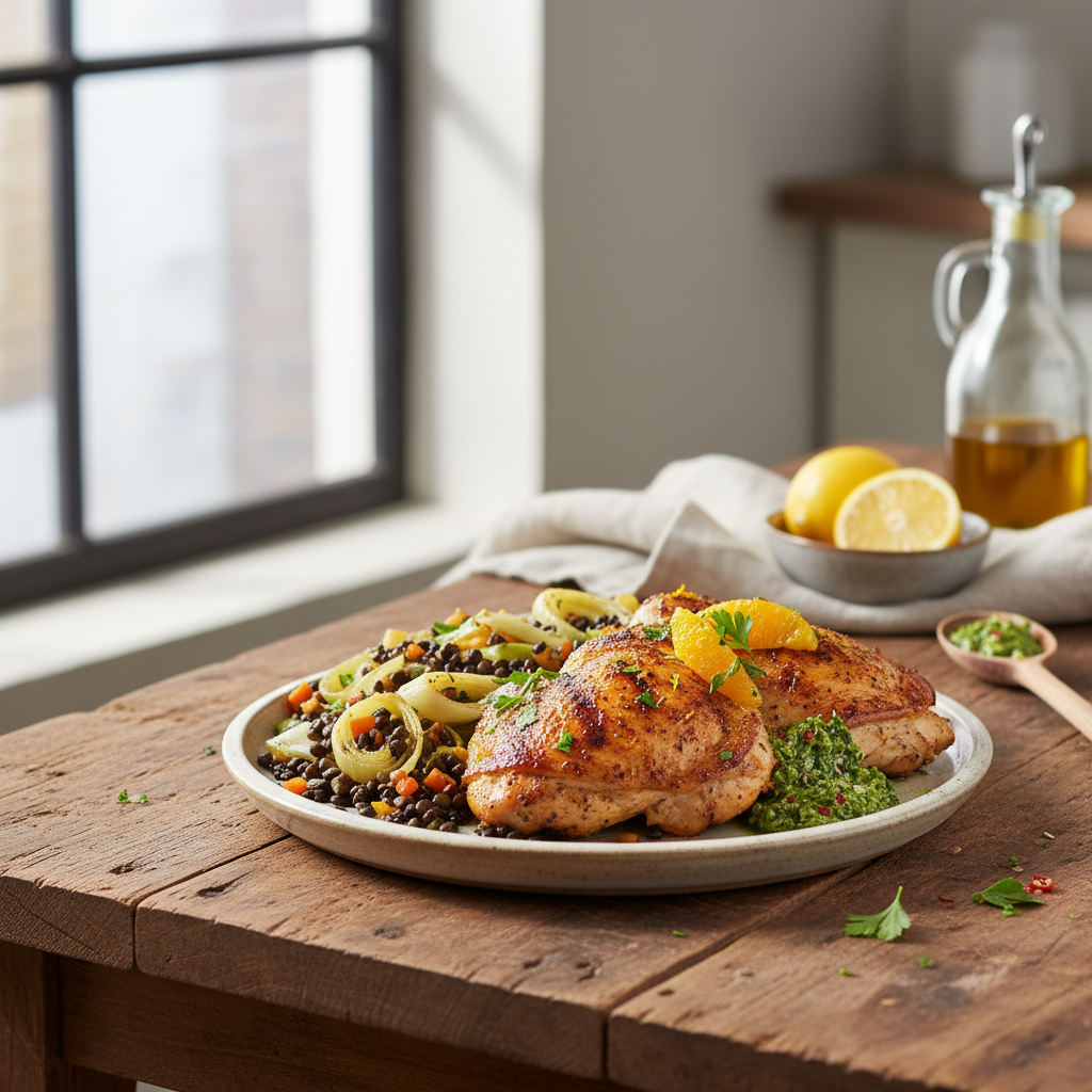 Smoky Citrus Chicken with Braised Leeks & Beluga Lentil Medley