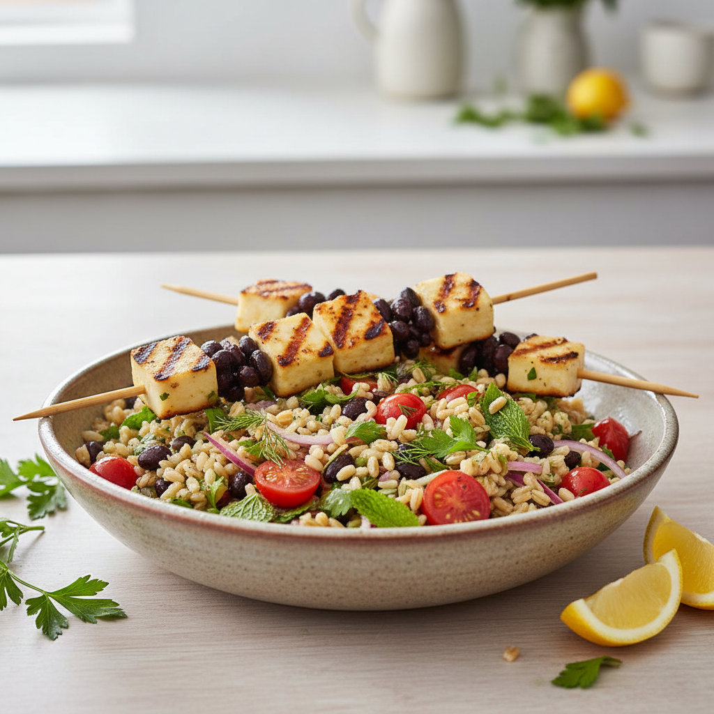 Smoky Halloumi & Black Bean Skewers with Lemon-Herb Farro Salad