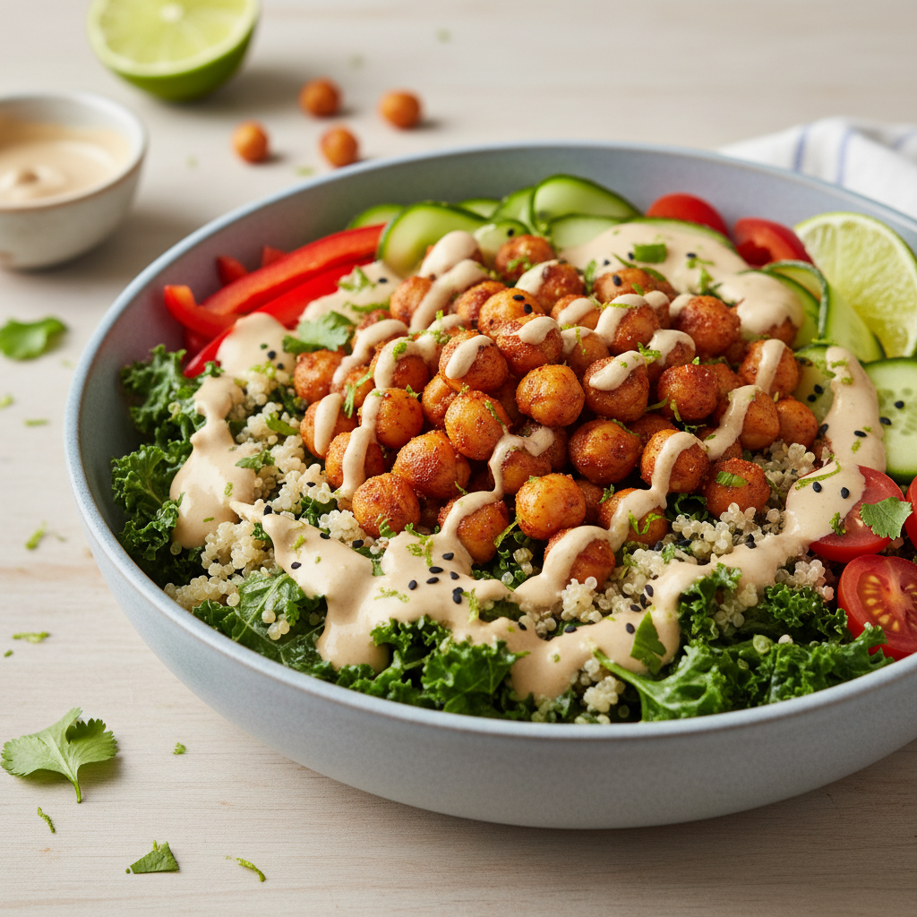 Smoky Harissa Chickpea & Kale Power Bowl with Creamy Tahini-Lime Dressing