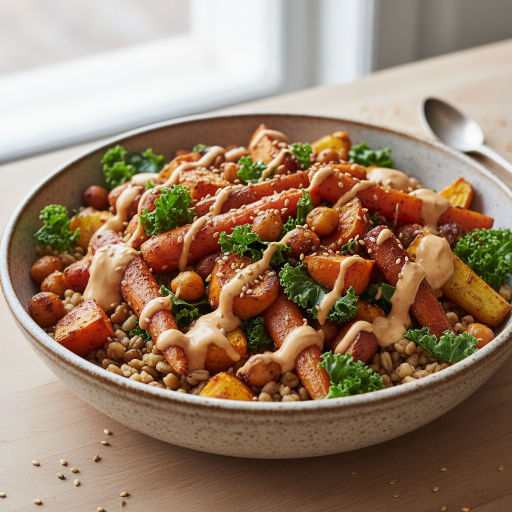 Smoky Harissa Freekeh & Roasted Root Vegetable Power Bowl with Tahini-Orange Drizzle