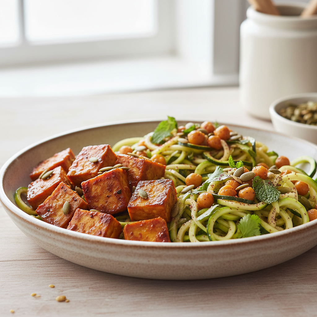 Smoky Harissa-Maple Tempeh & Sumac Zucchini Noodle Bowl