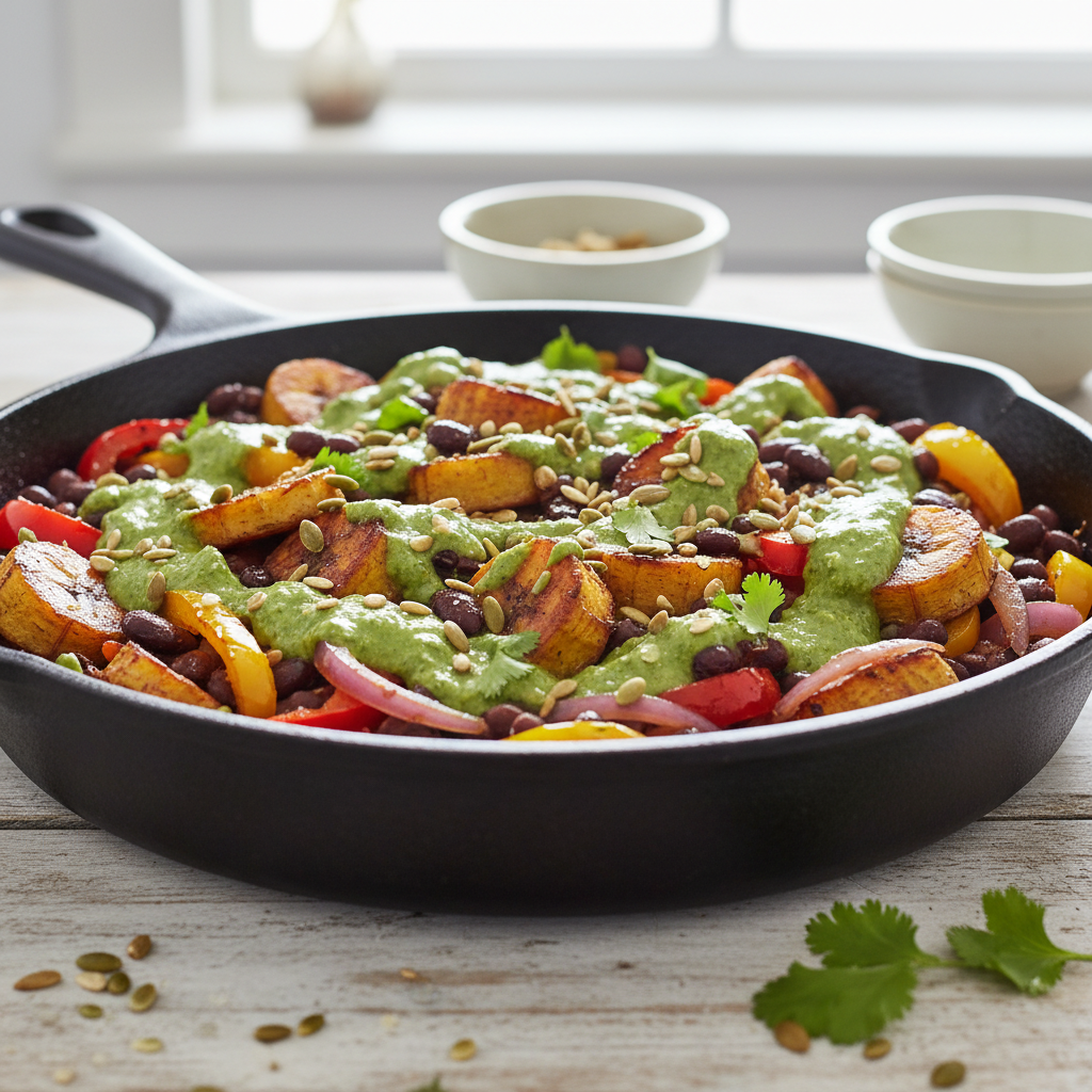 Smoky Plantain & Black Bean Skillet with Cilantro-Lime Drizzle