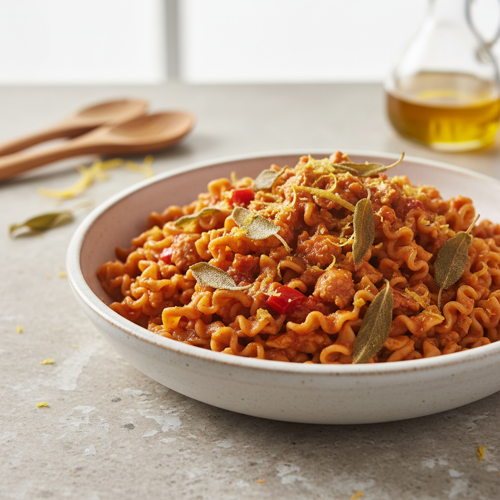 Smoky Riviera Turkey Ragu with Whole Wheat Mafalda and Crispy Sage