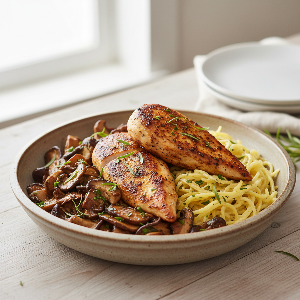 Smoky Tarragon Chicken & Wild Mushroom Medley with Creamed Spaghetti Squash