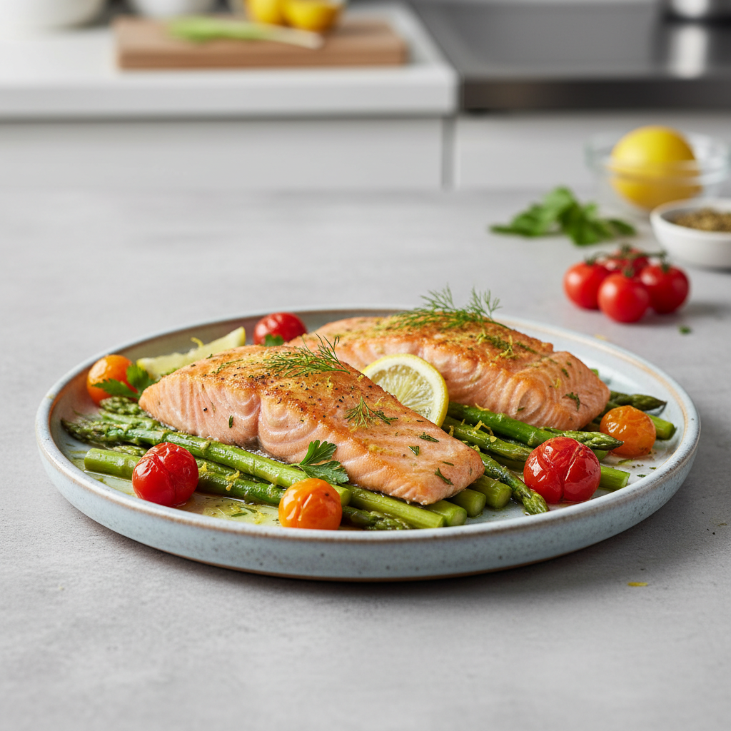 South Beach Lemon-Herb Baked Salmon with Asparagus and Cherry Tomatoes