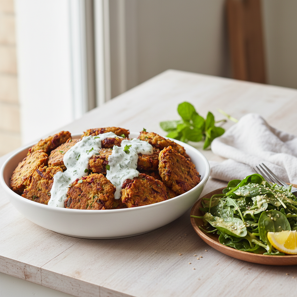 Spiced Chickpea & Beetroot Fritters with Herbed Yogurt and Lemon-Tahini Greens