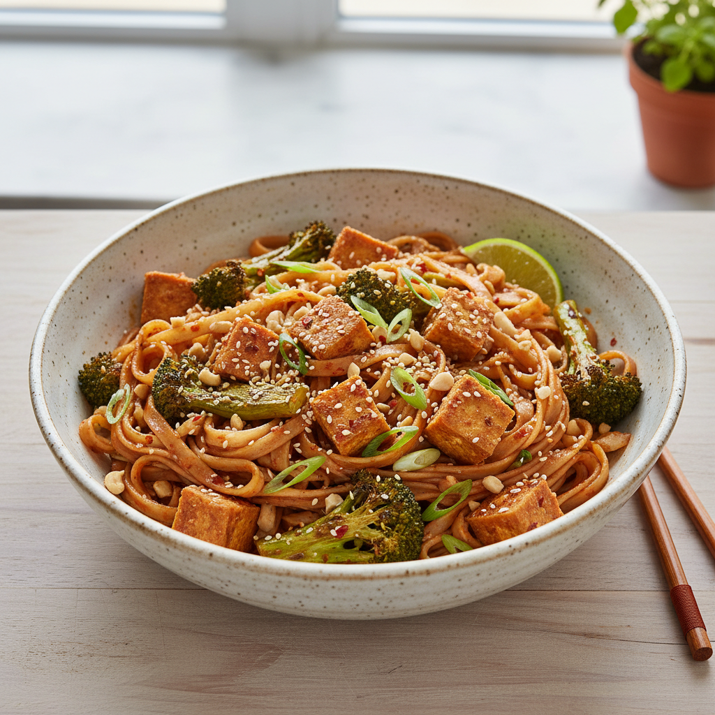 Spiced Peanut Noodles with Roasted Broccoli & Crispy Tofu