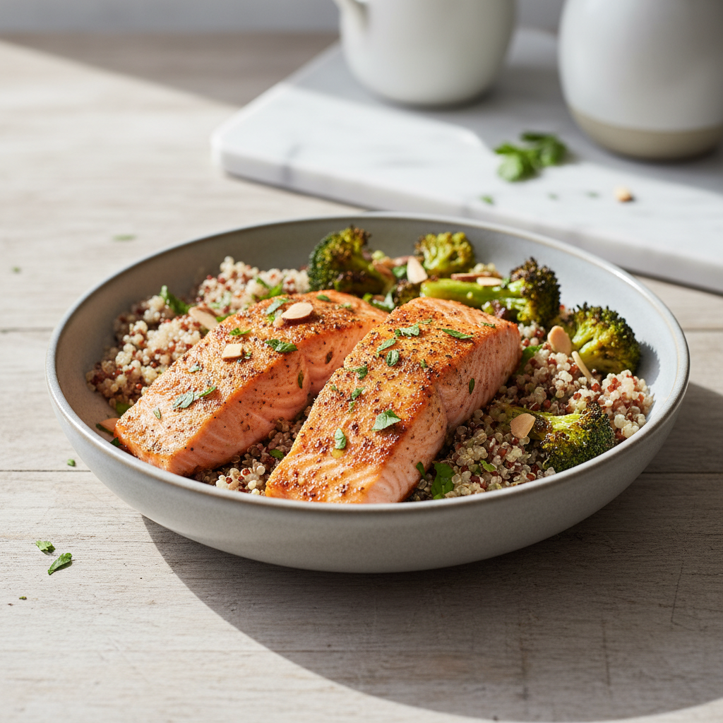 Spiced Salmon with Turmeric Roasted Broccoli & Quinoa