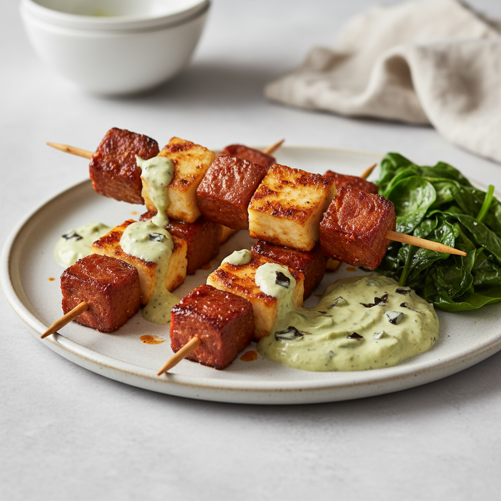 Spicy Chorizo & Halloumi Skewers with Charred Poblano-Avocado Crema