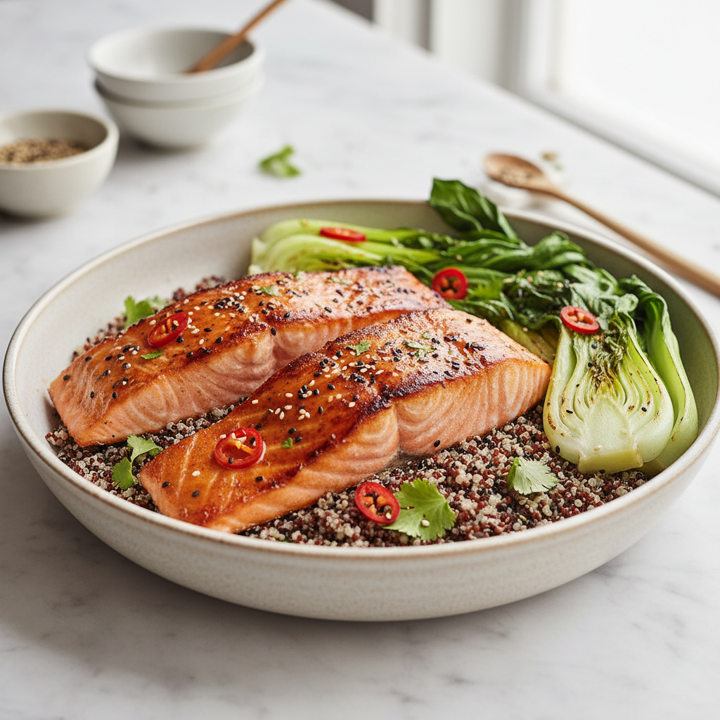 Spicy Miso-Glazed Salmon with Bok Choy & Quinoa