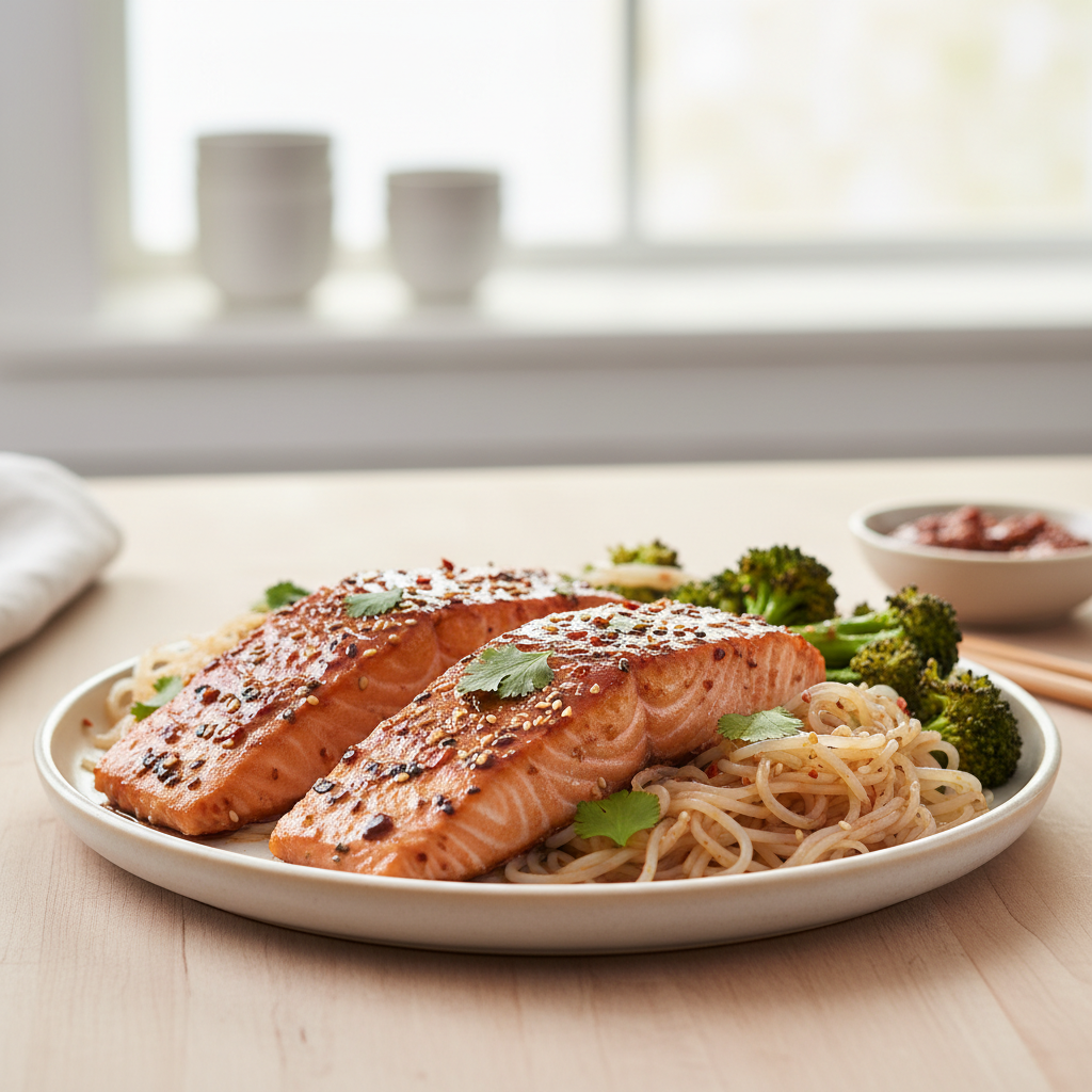 Spicy Miso-Glazed Salmon with Roasted Broccoli and Shirataki Noodles