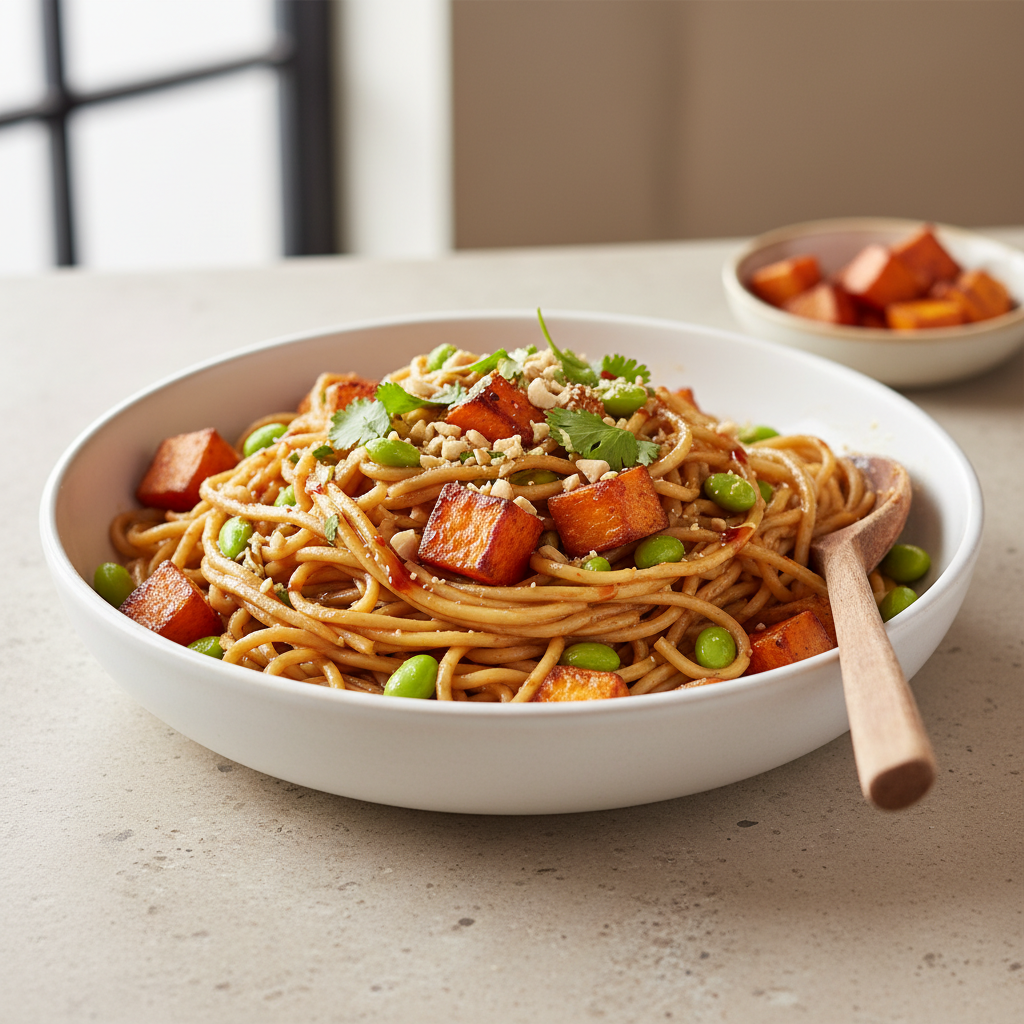 Spicy Peanut Noodles with Roasted Sweet Potatoes & Edamame