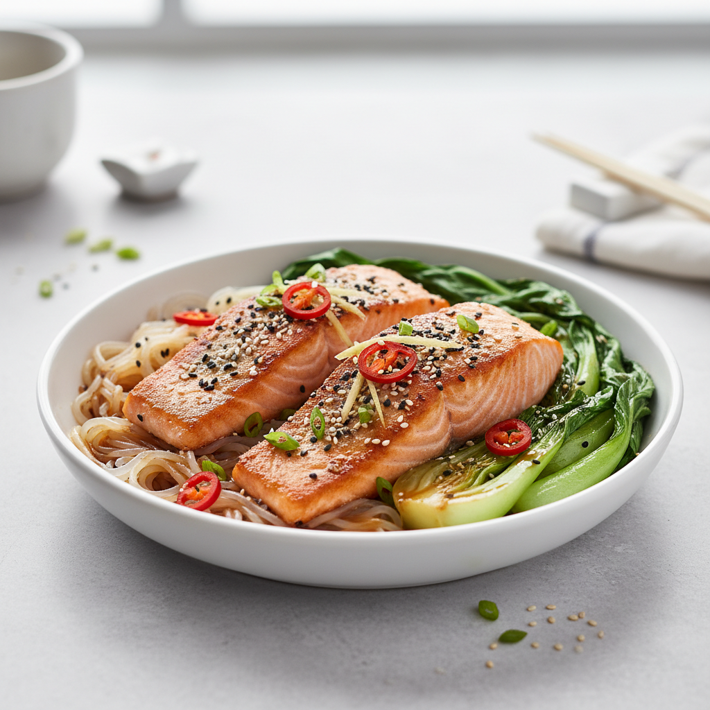 Spicy Sesame Ginger Salmon with Shirataki Noodles & Bok Choy
