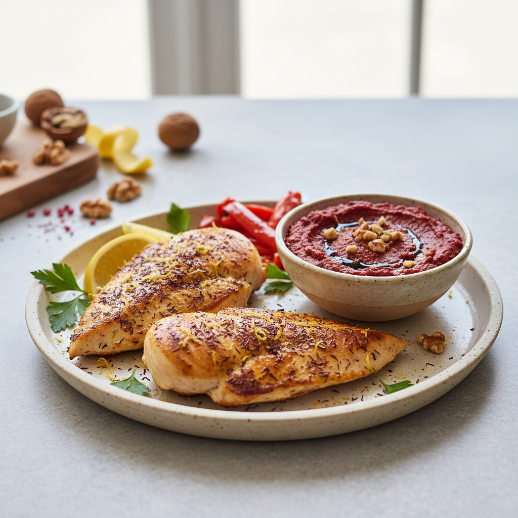Sumac & Lemon Pan-Seared Chicken with Roasted Red Pepper & Walnut Muhammara