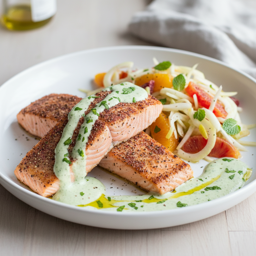 Sumac-Seared Salmon with Zesty Fennel-Orange Salad and Creamy Mint-Tahini Drizzle