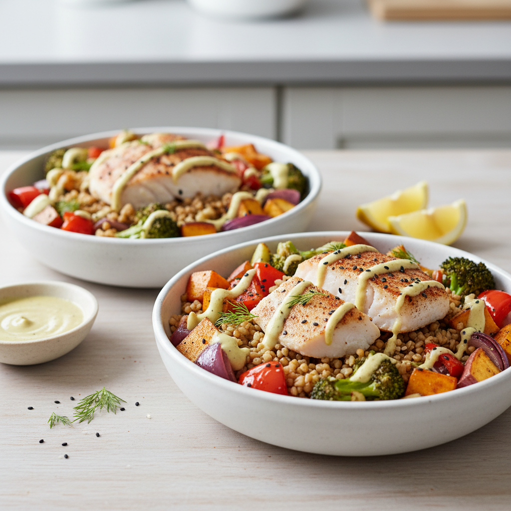 Sumac-Spiced Cod & Freekeh Bowl with Roasted Vegetables and Lemon-Tahini Drizzle