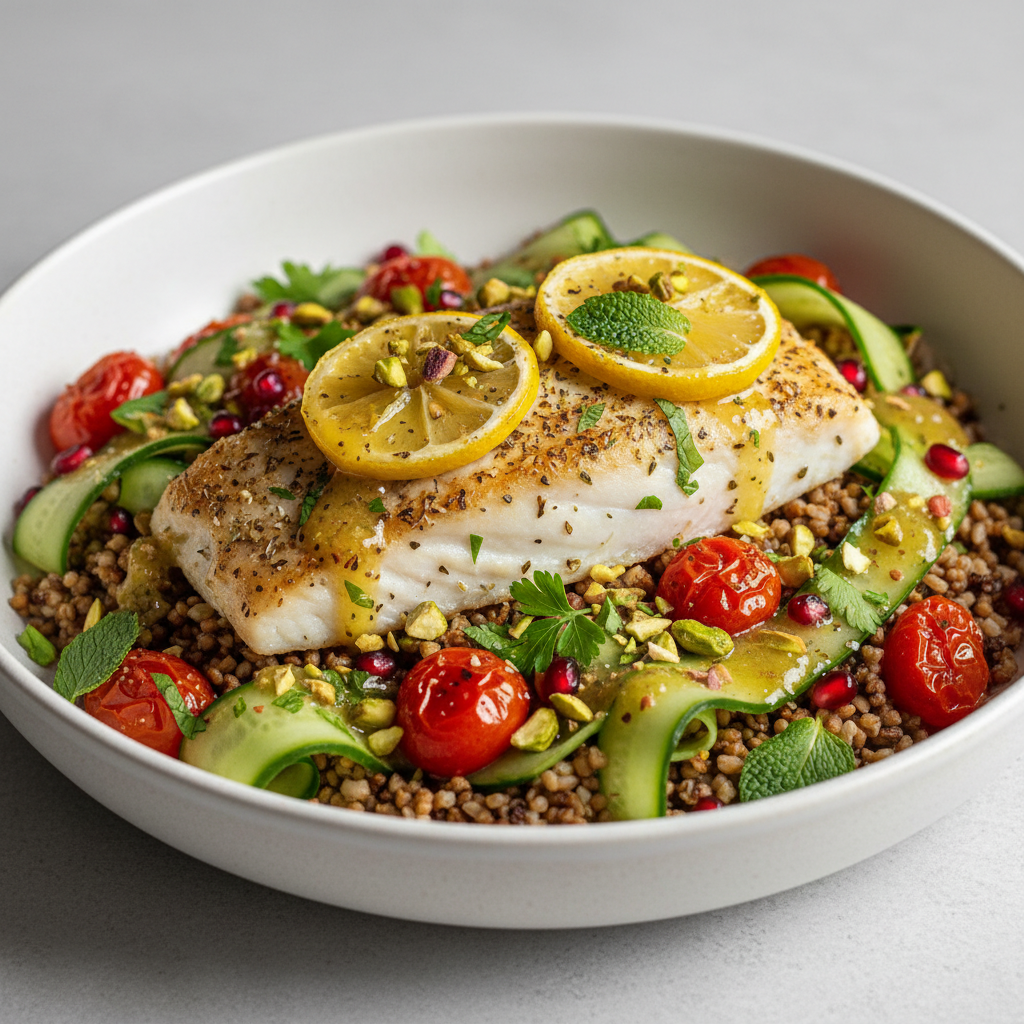 Sun-Kissed Cod & Freekeh Bowl with Preserved Lemon Vinaigrette