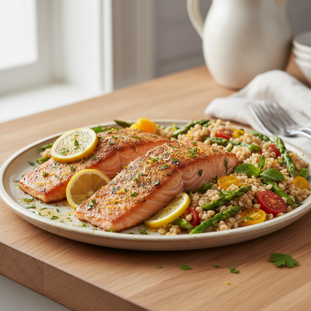 Sunrise Citrus & Herb Salmon with Farro-Asparagus Medley
