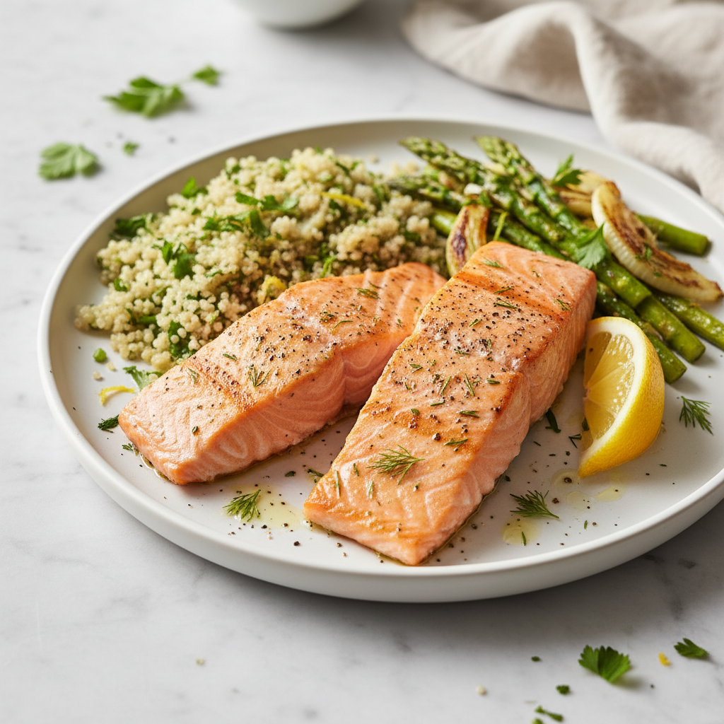 Sunrise Mediterranean Salmon with Lemon-Herb Quinoa and Fennel Asparagus