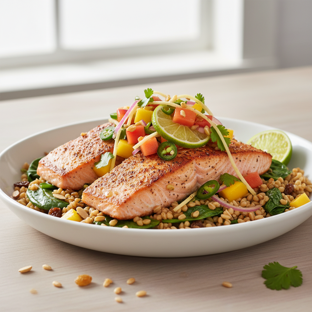 Tropical Salmon with Zesty Farro & Ginger-Lime Relish