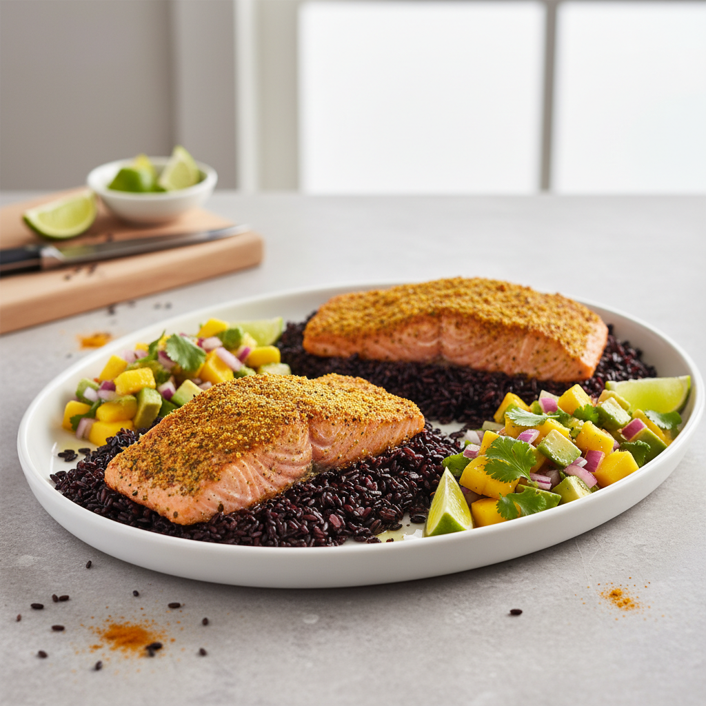 Turmeric-Crusted Salmon with Forbidden Rice & Tropical Recovery Salsa