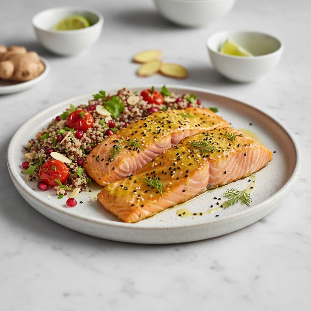 Turmeric-Ginger Baked Salmon with Antioxidant Quinoa