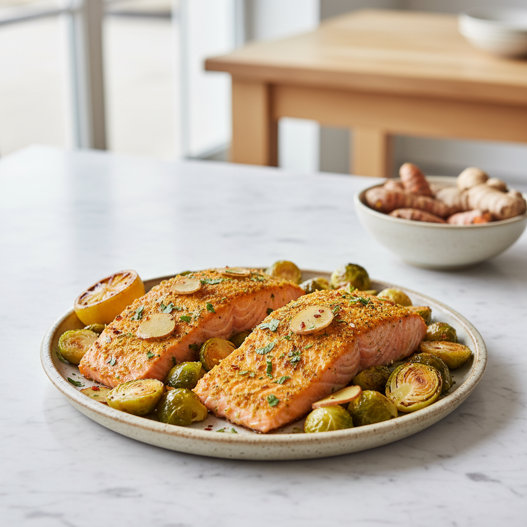 Turmeric-Ginger Baked Salmon with Honey-Glazed Brussels Sprouts