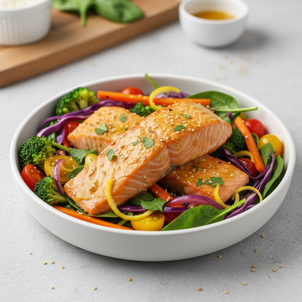 Turmeric-Ginger Glazed Salmon with Rainbow Vegetable Medley