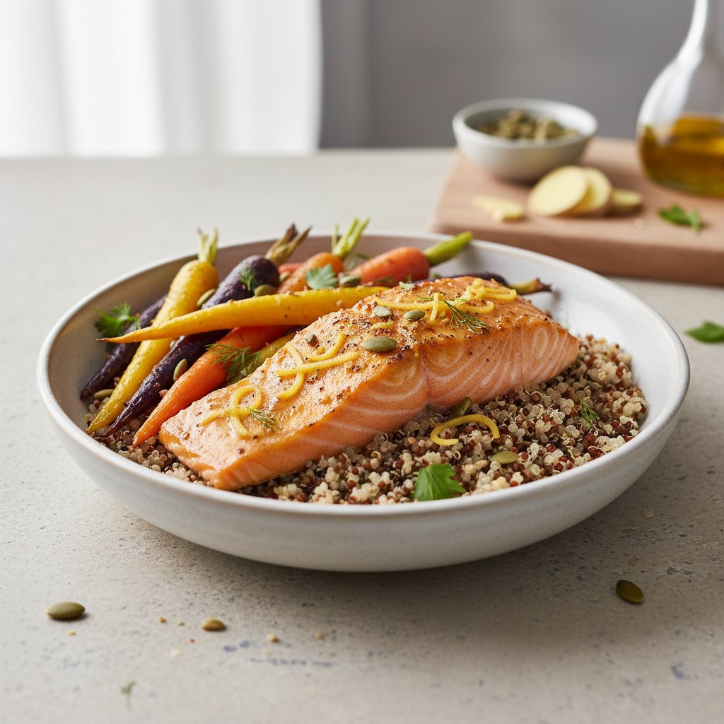 Turmeric-Ginger Glazed Salmon with Roasted Rainbow Carrots & Quinoa