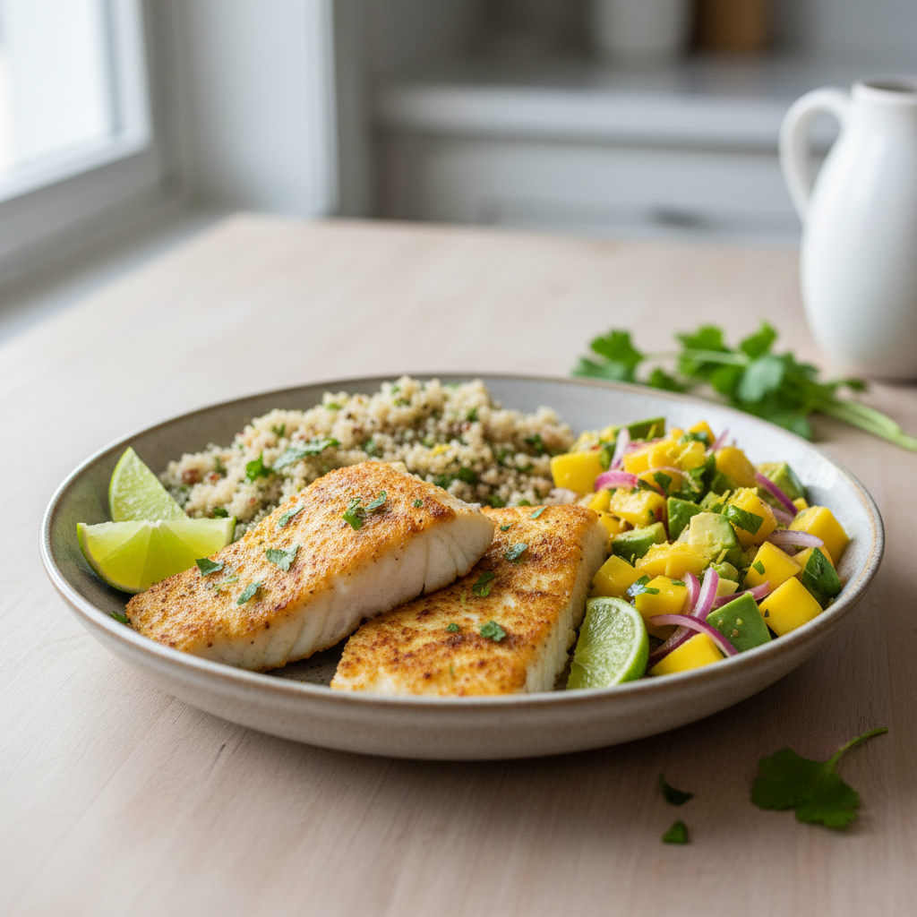 Turmeric-Lime Cod with Tropical Avocado Salsa and Herbed Quinoa