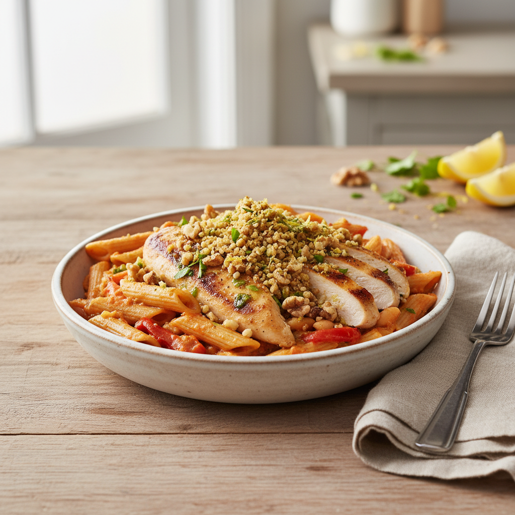 Tuscan Chicken & Whole Grain Penne with Creamy White Bean-Red Pepper Ragu and Lemon-Herb Crumble