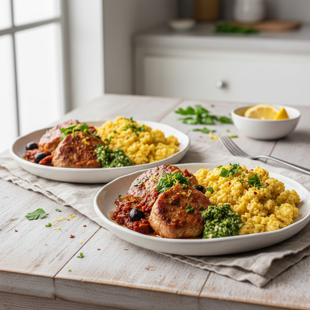 Tuscan Sunset Braised Pork Medallions with Golden Cauliflower Risotto & Zesty Herb Gremolata