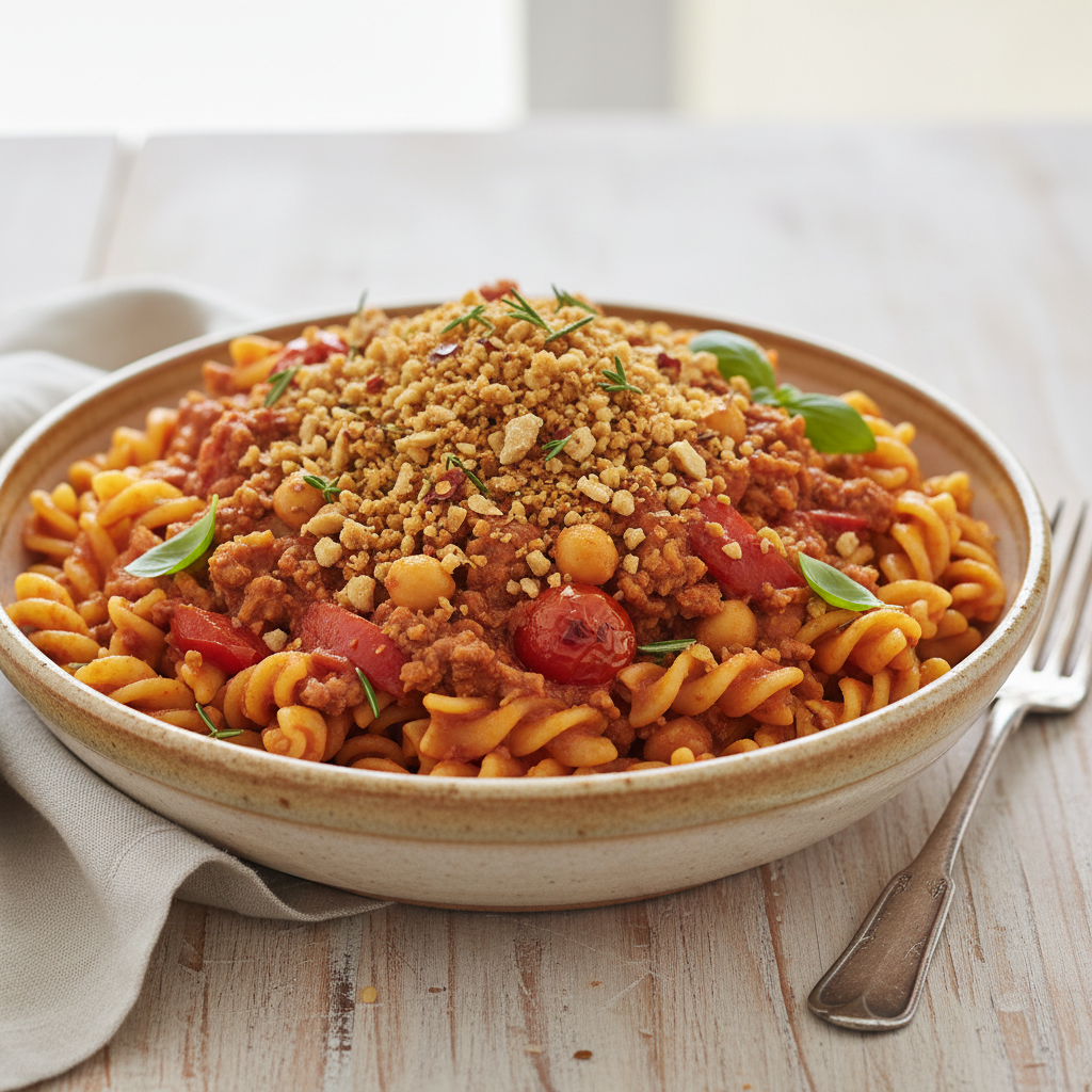 Tuscan Sunset Ground Turkey & Chickpea Rotini with Charred Bell Pepper Ragu and Savory Walnut Crumble