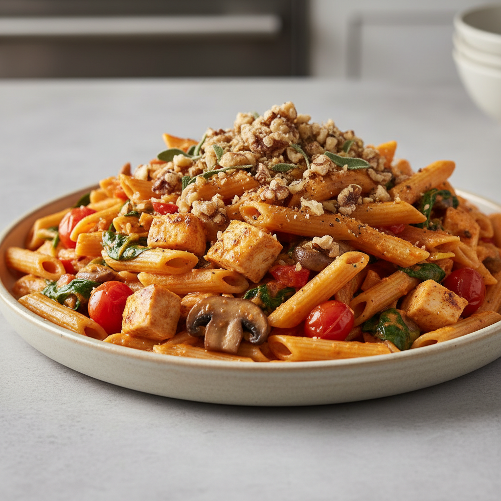 Tuscan Sunset Volumetric Chicken & Cauliflower-Cream Penne with Sage-Crusted Walnuts