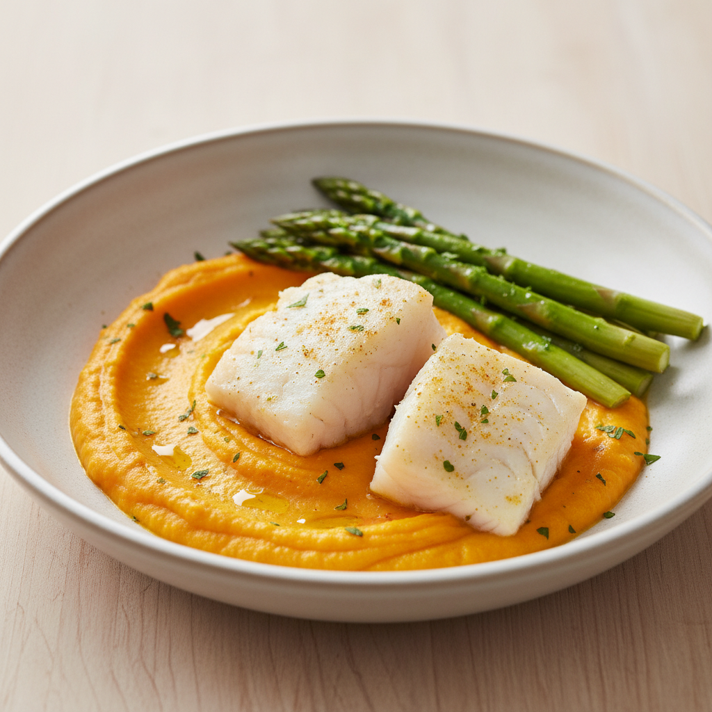 Velvety Turmeric-Ginger Cod & Carrot Purée with Steamed Asparagus