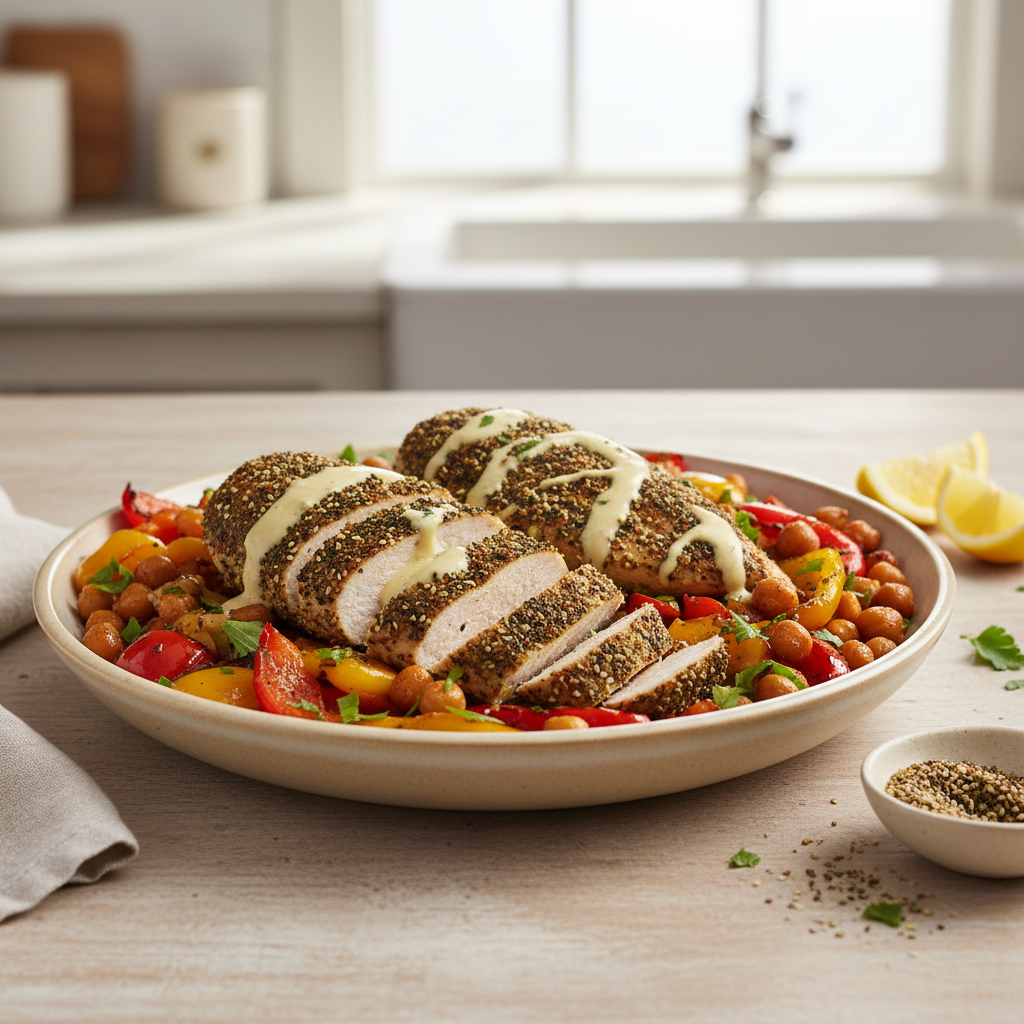 Za'atar Crusted Chicken with Roasted Bell Pepper & Chickpea Medley