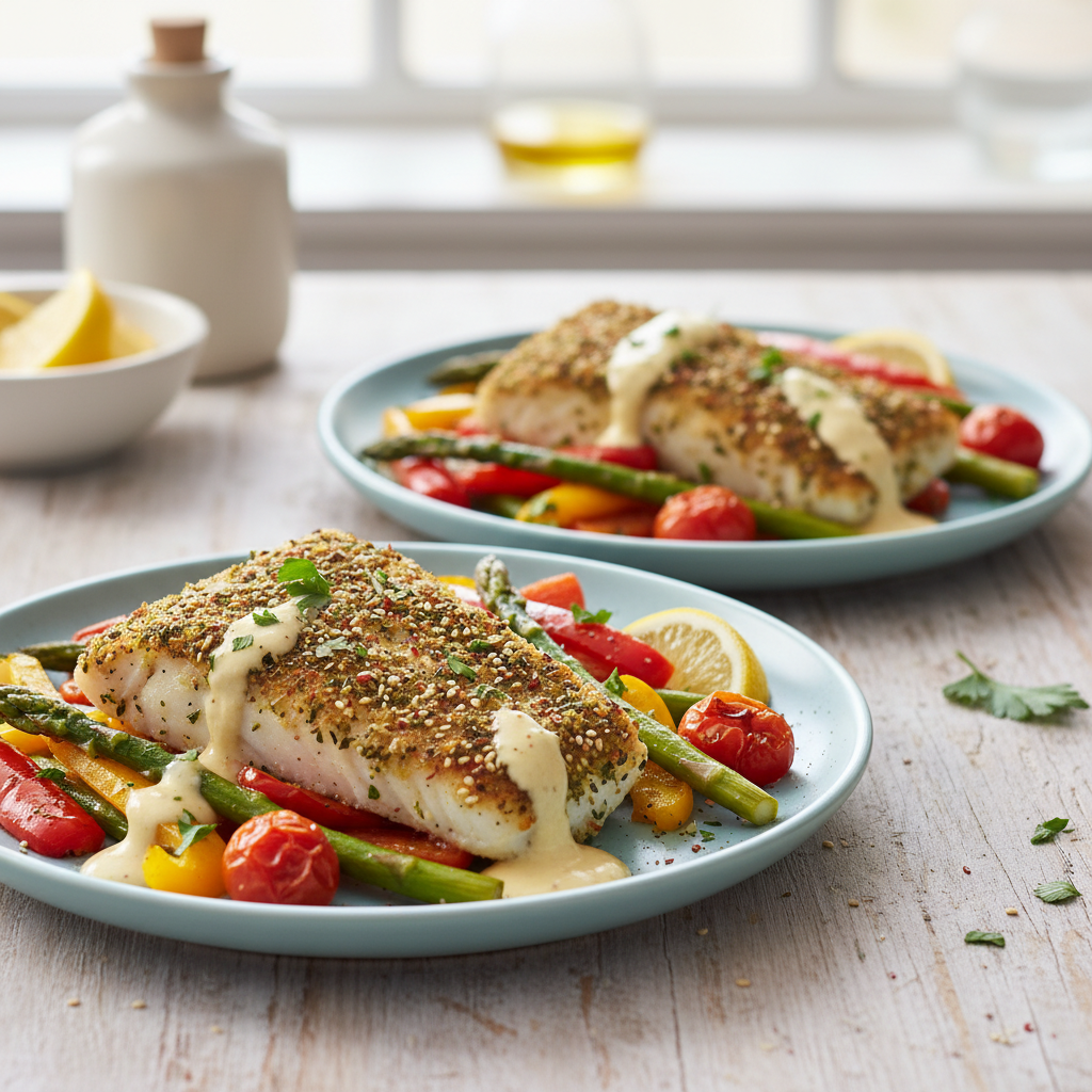 Za'atar-Crusted Cod with Roasted Mediterranean Vegetables and Lemon-Tahini Drizzle
