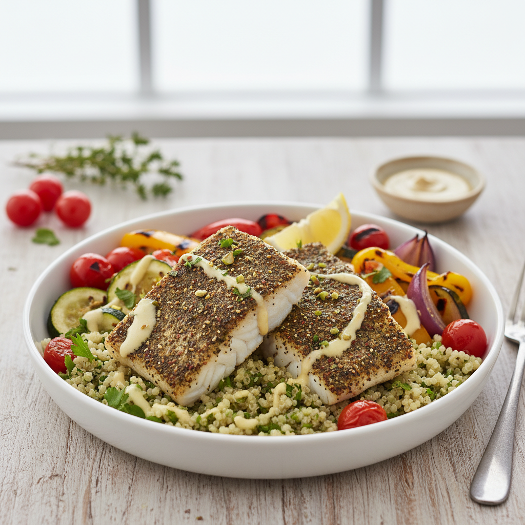 Za'atar-Spiced Cod with Roasted Mediterranean Vegetables & Lemon-Tahini Drizzle