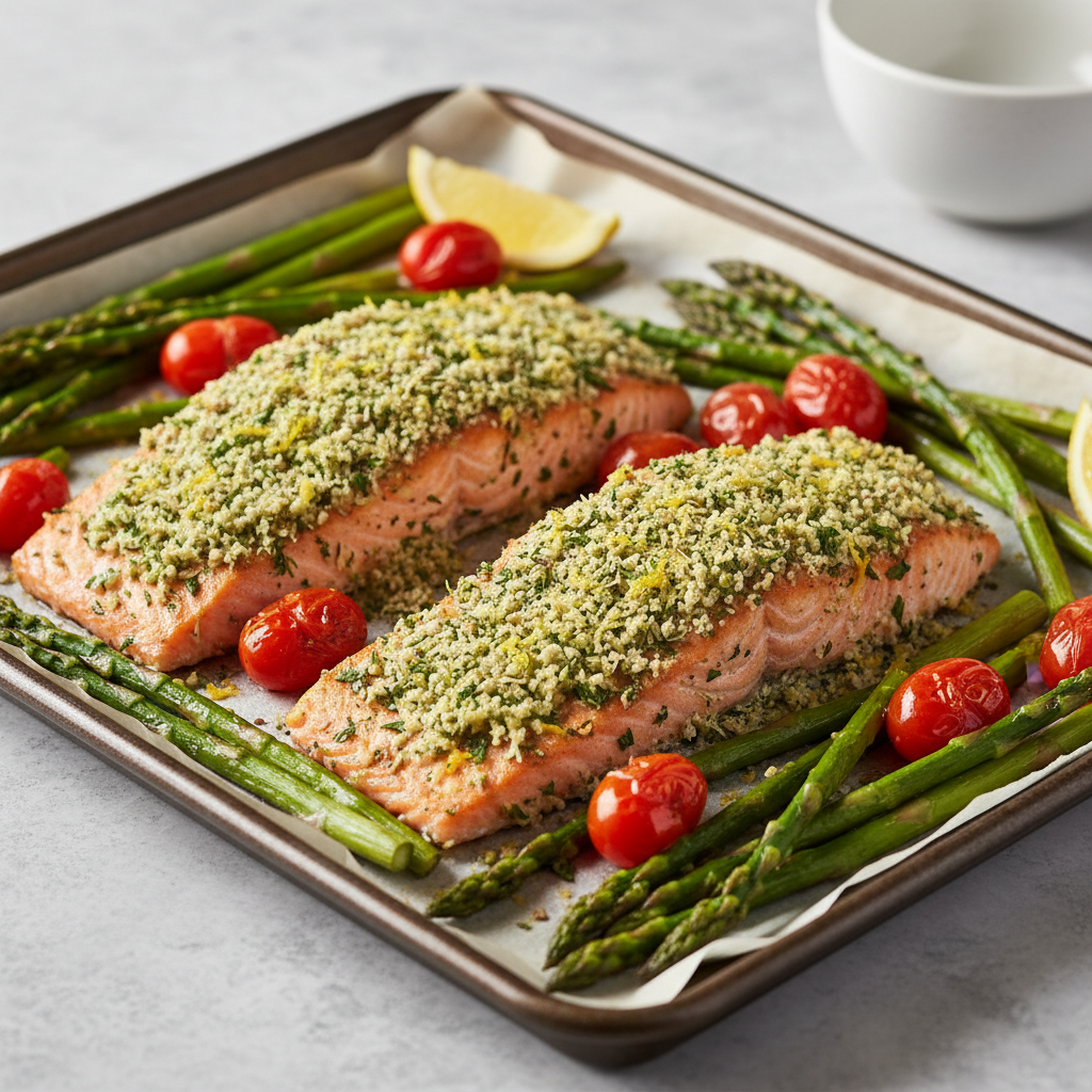 Zesty Herb-Crusted Salmon with Roasted Asparagus & Burst Tomatoes