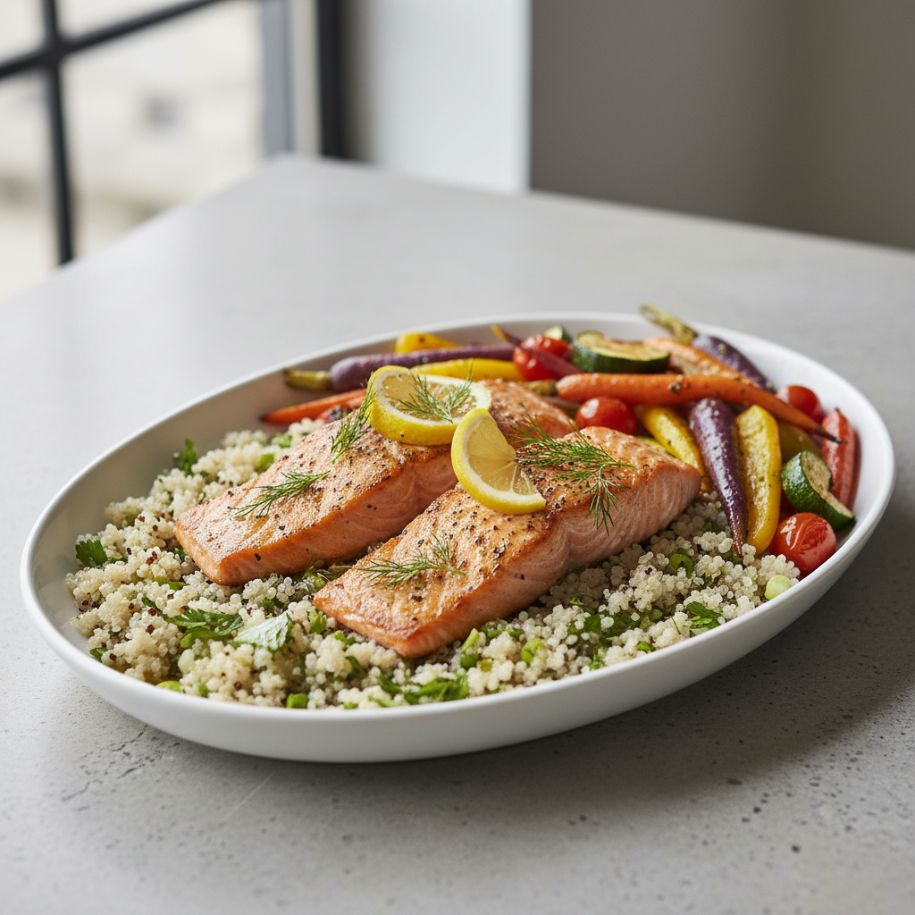 Zesty Lemon-Dill Salmon with Roasted Rainbow Vegetables & Herbed Quinoa