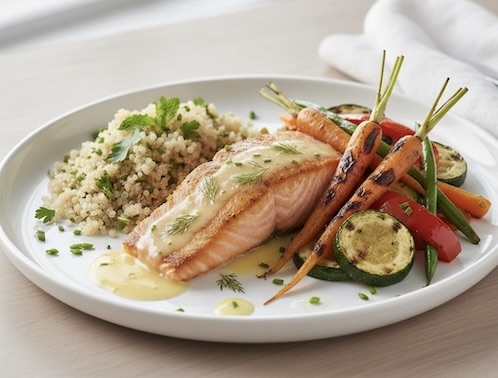Zesty Lemon-Dill Salmon with Roasted Rainbow Vegetables & Herbed Quinoa